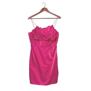 SHE+SKY Hot Pink Asymmetrical Flower Ruffle Party Dress Spaghetti Strap Mini L